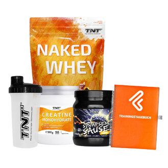 Motivationsbundle: Trainingstagebuch + TNT Naked Whey + TNT Creatine Monohydrate Creapure  + TNT Synapsensause (+ TNT Shaker gratis)