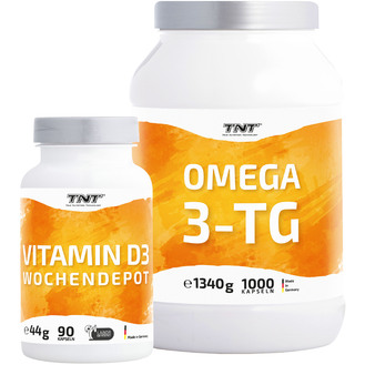 TNT Omega 3 (1000 Kapseln) + Vitamin D3 (90 Kapseln) | O3-D3 Sparbundle TNT Omega 3 (1000 Kapseln) + Vitamin D3 (90 Kapseln) | O3-D3 Sparbundle